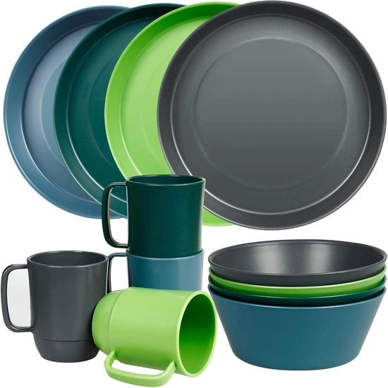 Serviesset in plastica - 12 pezzi - servizio per campeggio - leggero - piatti - bicchieri - tazze - resistente a microonde e lavastoviglie - set da 4 servizi - ideale per bambini