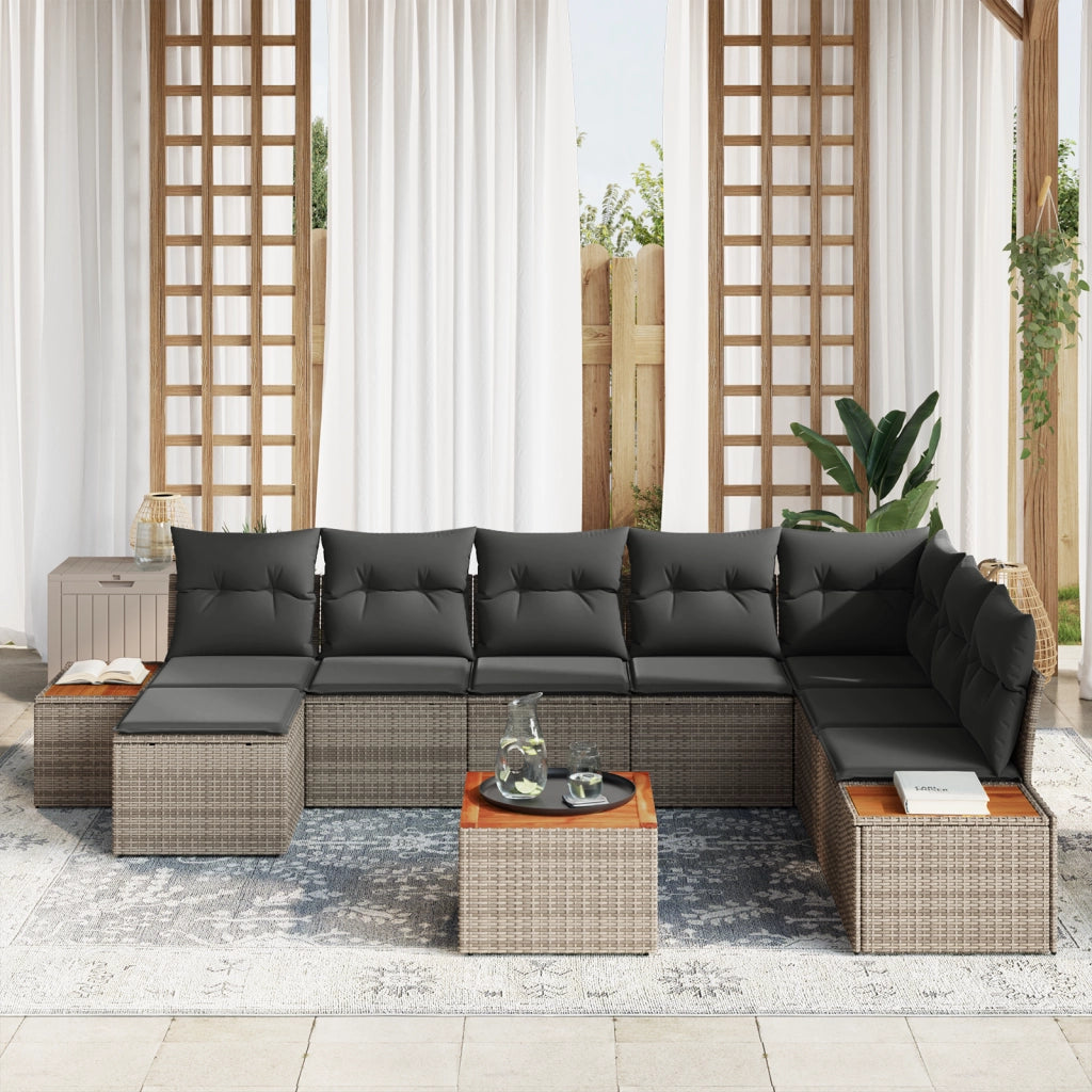 Set di divani da giardino con cuscini  9 pezzi Grigio Polyrattan Acacia