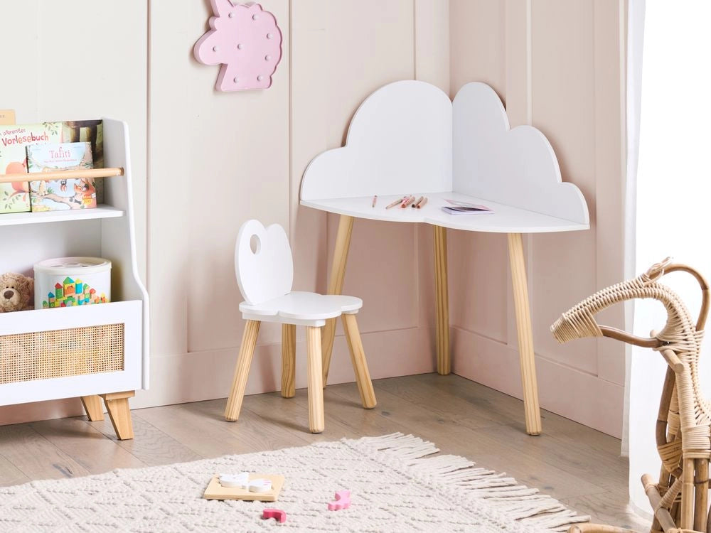 Set angolare per bambini a 1 posto con tavolo e sedia in MDF bianco con motivo a nuvole in legno di pino Elegante camera per bambini Nursery