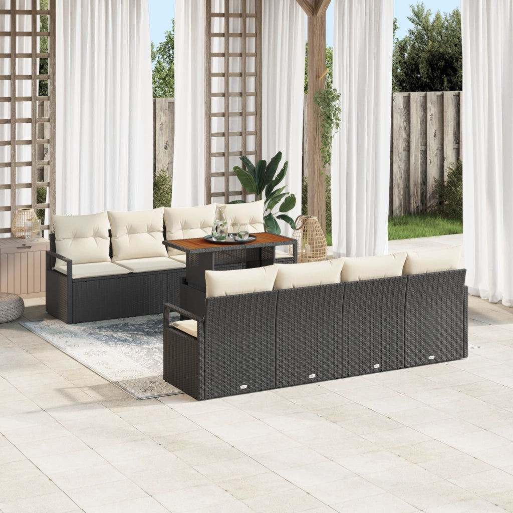 Set di divani da giardino 9 pezzi con cuscini polyrattan nero acacia