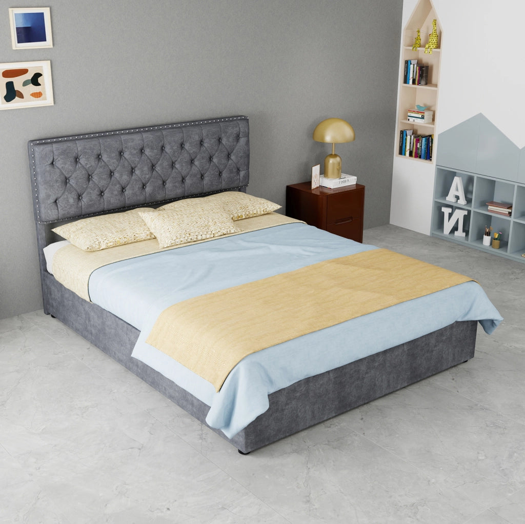Letto 140x200 cm in velluto olandese grigio con testiera alta e doghe in legno