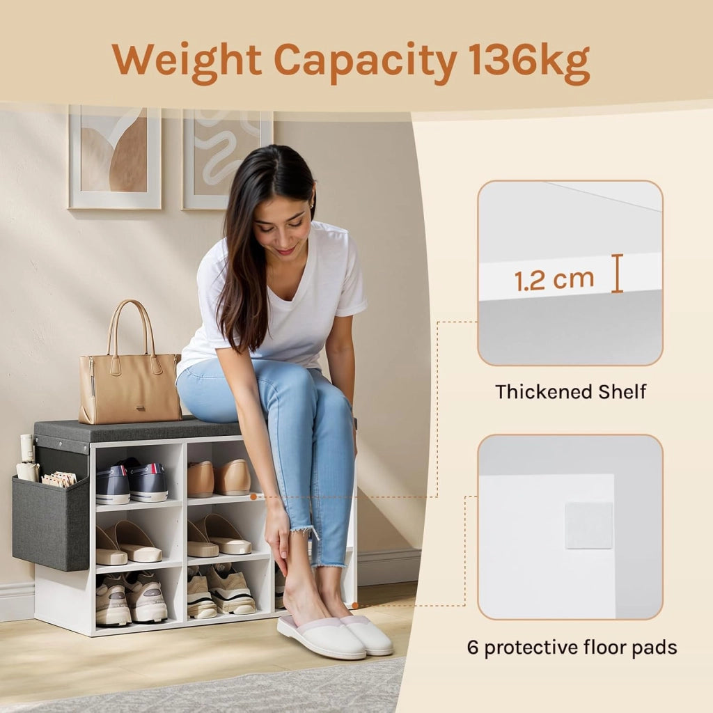 WOLTU Panca Scarpiera da Ingresso, Scaffale Porta Scarpe a 9 Scomparti con Seduta Imbottita, Mobile da Ingresso Salvaspazio in Legno, Bianco, 76,8x30x48,5 cm