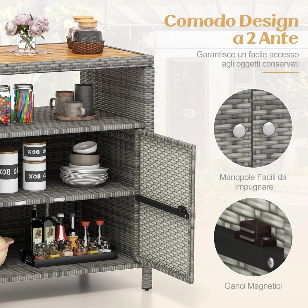 Armadietto Portaoggetti in Rattan, Mobile Buffet per Esterni in Legno di Acacia, con Compartimento Aperto e Armadio Chiuso a 2 Ante, per Piscina, Terrazza e Patio, 90 x 53 x 86 cm (Grigio)