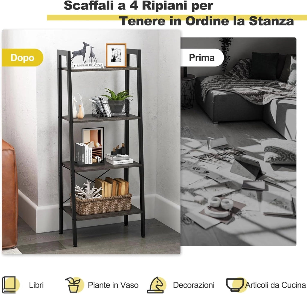 Scaffale 4 Ripiani, Libreria Scaffale con Telaio in Metallo Kit Antiribaltamento e Piedini Regolabili, Scaffale Espositivo per Soggiorno Cucina Ufficio, 56x34x138 cm (Caffè)