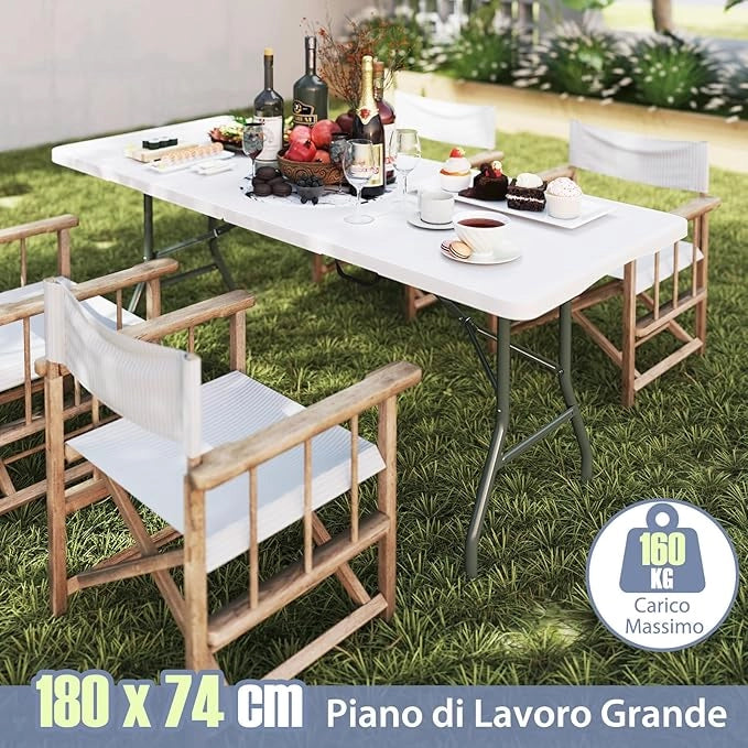 Tavolo Pieghevole Portatile da 180/245 cm, Tavolo da Campeggio in HDPE, Meccanismo di Blocco Sicuro, Tavolo da Picnic con Maniglia, Portata 160 kg (180 cm,Bianco)