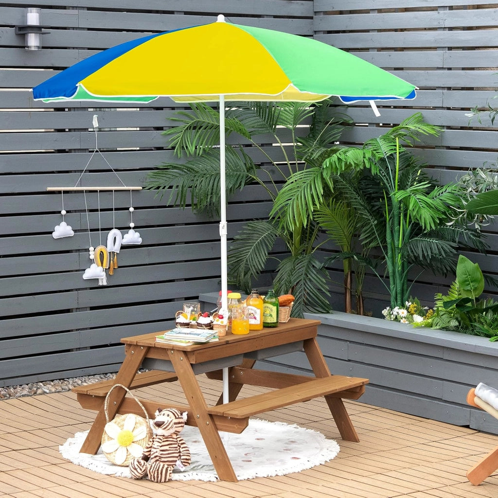 Set Tavolo e Sedie per Bambini da Giardino 3 in 1, con Ombrellone Rimovibile e Regolabile, Piano Rimovibile, Tavolo con Panche in Legno per Bambini da Interno Esterno (Colore 3)