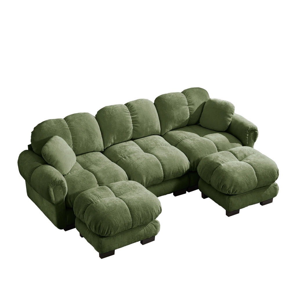 Divano panoramico a U 3 posti modulare con pouf mobile e cuscini; per soggiorno in chenille verde