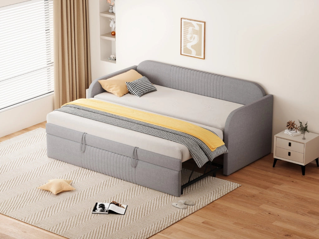 Letto divano 90 × 190 cm et 180 × 190 cm estensibile con doghe, senza materasso, in lino grigio chiaro