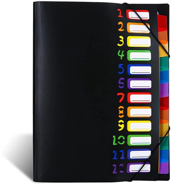 Documentenmap A4 accordeon con 12 contenitori, cartella portatile in plastica, ordine e catalogazione con cerniera e elastico, per ufficio e scuola.