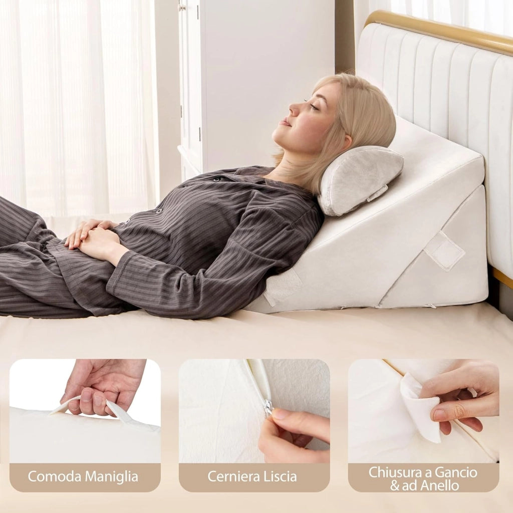 Set di 3 Cuscini a Cuneo per Letto, Cuscino Inclinabile Regolabile con Schiuma Memory Air, Set di Cuscini Alleviare il Dolore alla Schiena Collo e alle Gambe (Bianco)