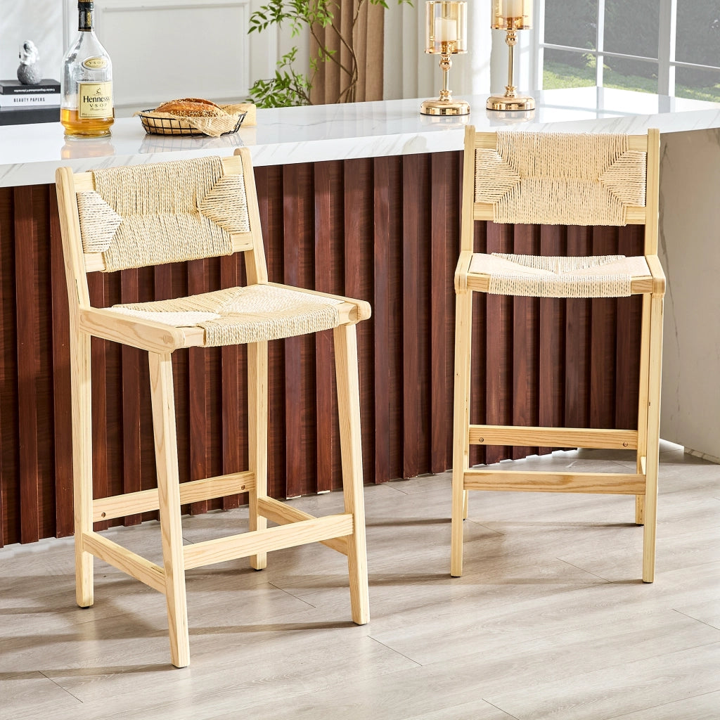 Sgabello da bar con schienale intrecciato seduta traspirante per isola cucina in legno massello colore legno