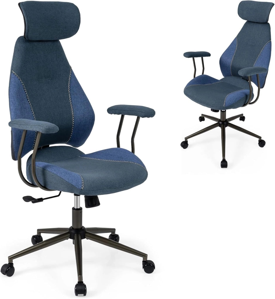 Sedia da Ufficio Ergonomica, Sedia da Scrivania in Tessuto di Lino con Poggiatesta 2D, Schienale Oscillante e Ruote, Poltrona da Lavoro Regolabile Girevole, Portata 150 kg (Blu)