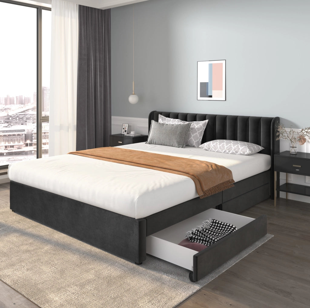 Letto matrimoniale 180x200 cm con rete a doghe e 2 cassetti; velluto nero