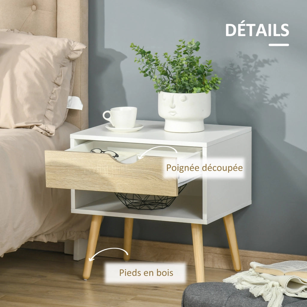 Comodino con cassetto ¨C zephmum ¨C bianco e legno 50x39x51 cm