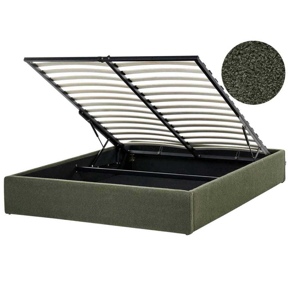 Letto matrimoniale con contenitore in tessuto bouclè verde sporco 160 x 200 cm stile moderno