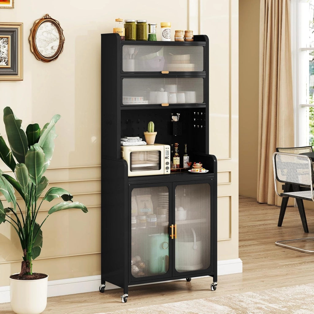 Credenza da cucina a 6 livelli, armadio a buffet con pannello di perforazione, ante apribili e ripiano regolabile, mobile in metallo con 4 ruote estraibili