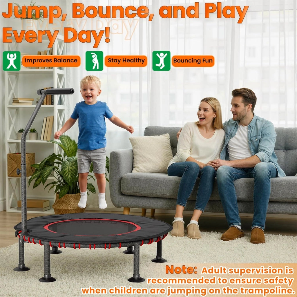 Trampolino Fitness da Interno | Copertura Protettiva Imbottita | Fino a 150 kg Capacità Carico | 3 Altezze Manubrio Regolabili | Senza Installazione | Bambini Adulti | Mini Ø102 cm | Casa
