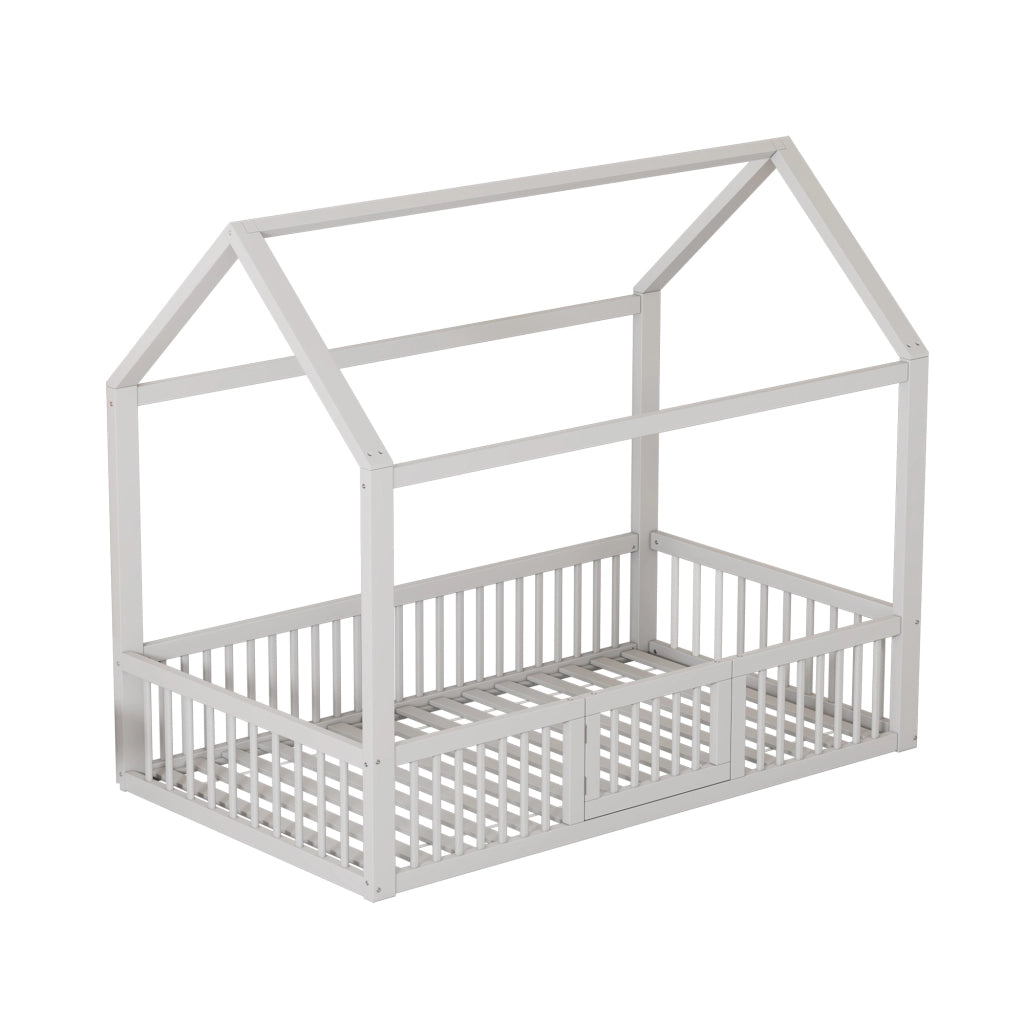 Letto a casa in pino bianco 90x200 cm con sportelli e rete di sicurezza