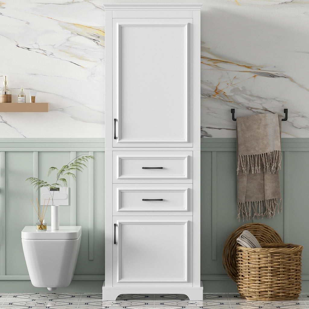 Armadietto da bagno con 2 cassetti, 2 ante e ripiani aperti, in MDF, per bagno, bianco, 60 × 40 × 180 cm