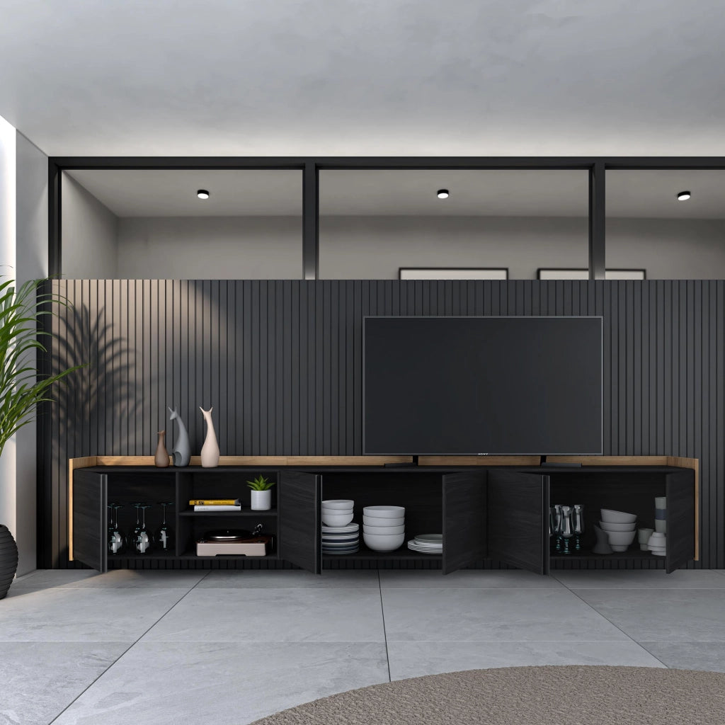 Mobile TV Soggiorno, 309x50x35 cm, Per TV fino a 80", Sospeso, da appendere, Nero e rovere