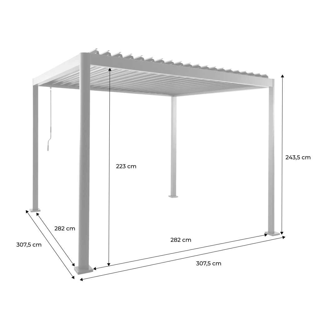 Pergola bioclimatica 3x3 con piedini arrotondati in alluminio e