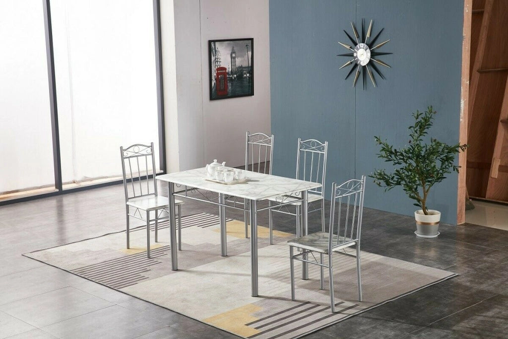 SET TAVOLO CON 4 SEDIE EFFETTO MARMO CHIARO 120X70 Cm