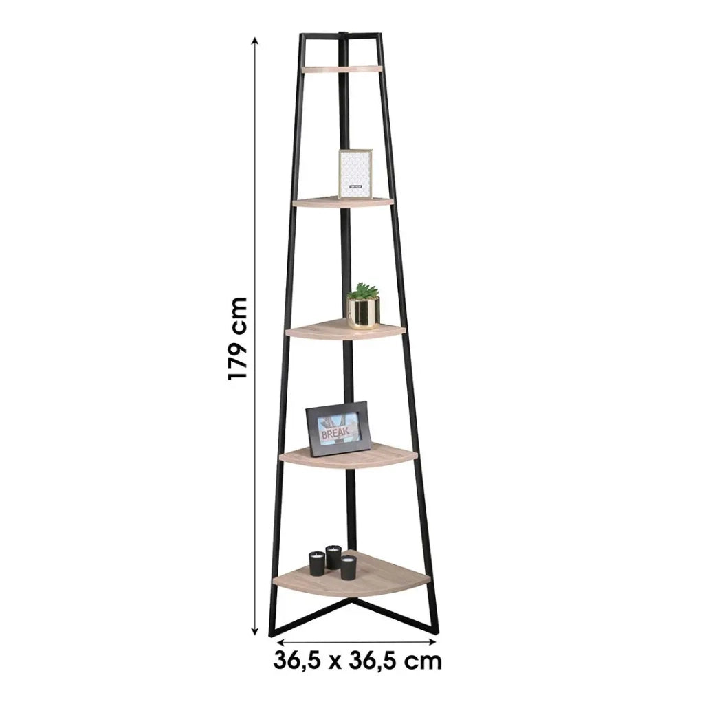 Scaffale angolare a 5 ripiani collezione HOLBORN – Stile industriale, colore rovere e nero