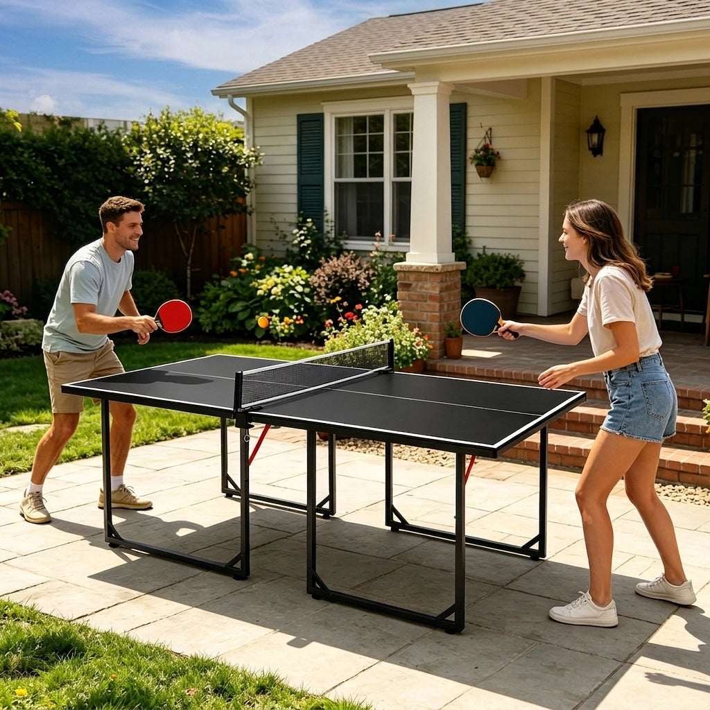 Tavolo da Ping Pong Pieghevole 182×91×76 cm 6 FT con Rete; 2 Racchette e 3 Palline; Portatile Nero