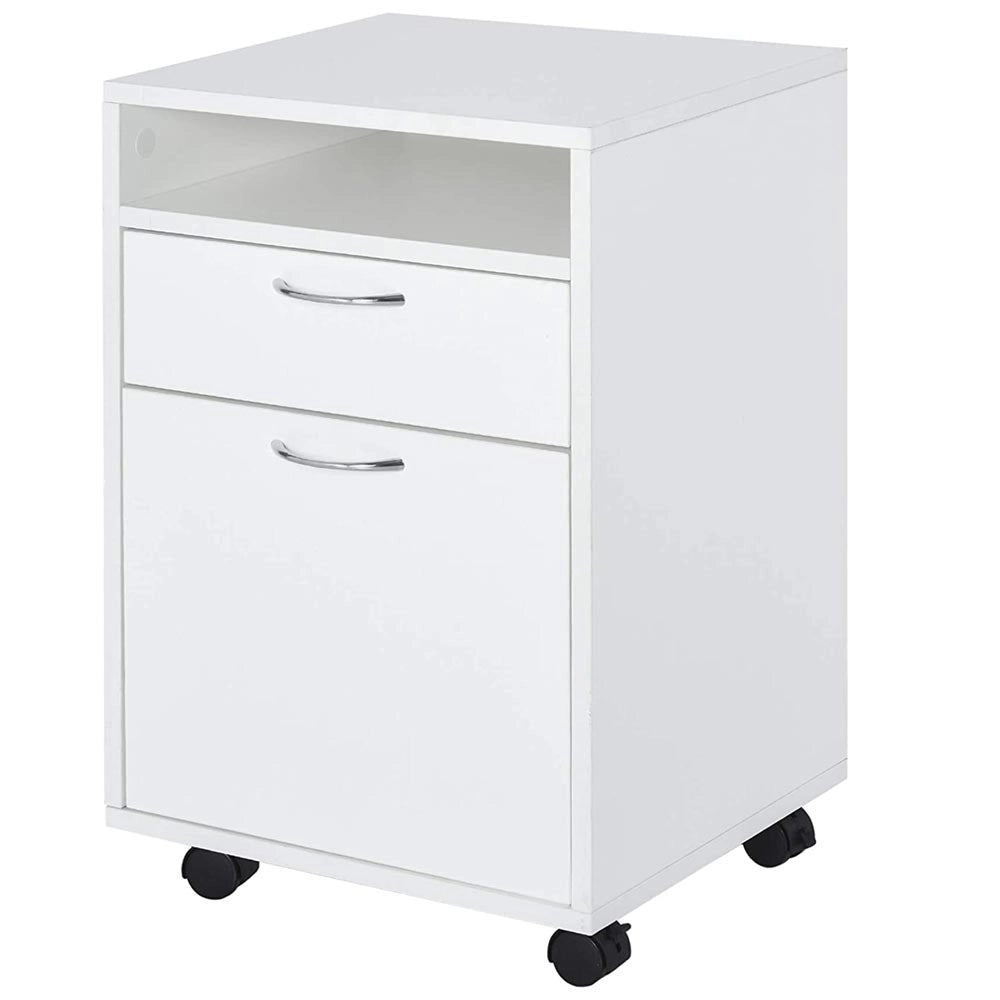 Cassettiera Scrivania Casa Ufficio Legno MDF con Cassetto e Anta 4 Ruote Bianco