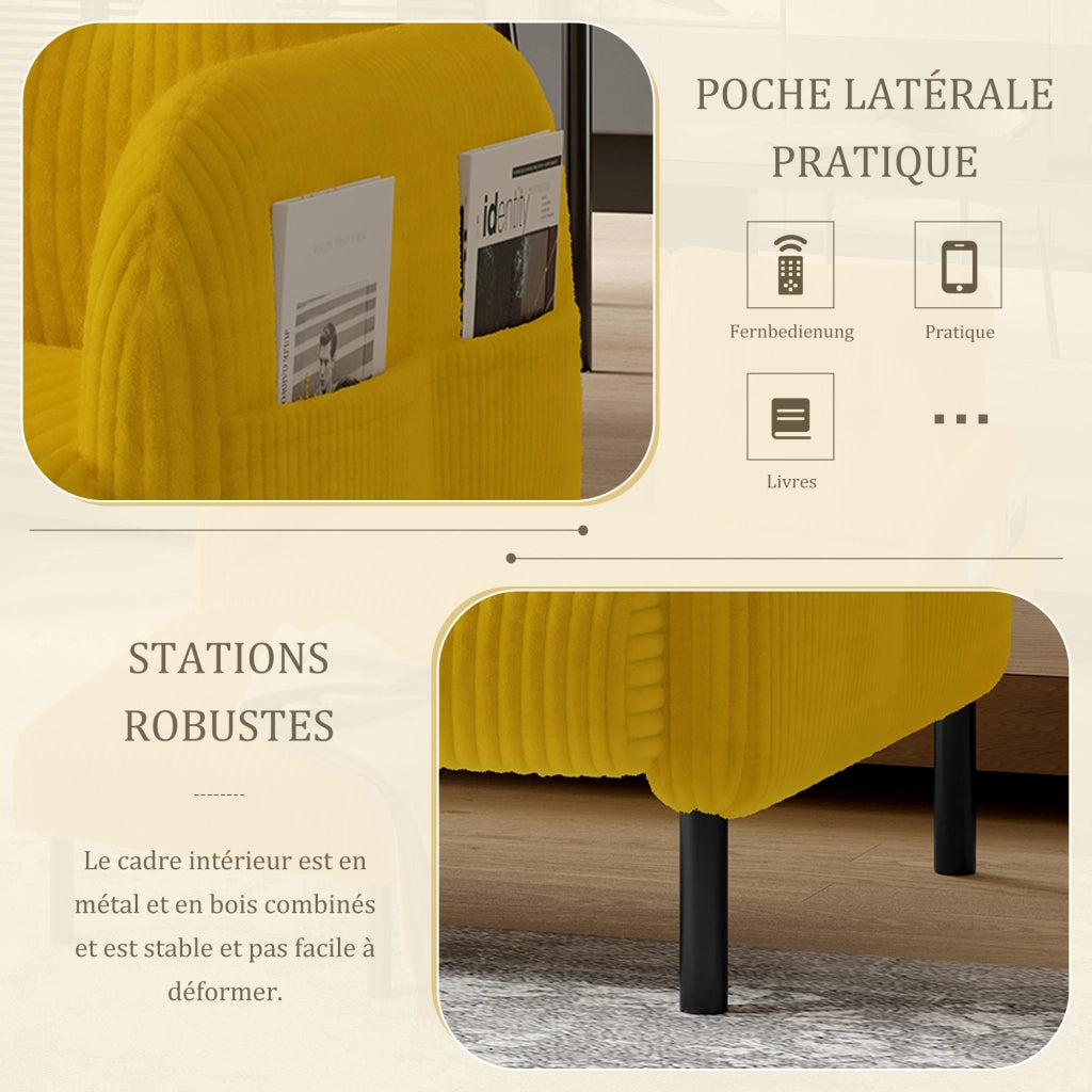 Divano 2 Posti con Schienale Ergonomico e Tasca Laterale, in Velluto a Coste Giallo 120 × 75 × 79 cm