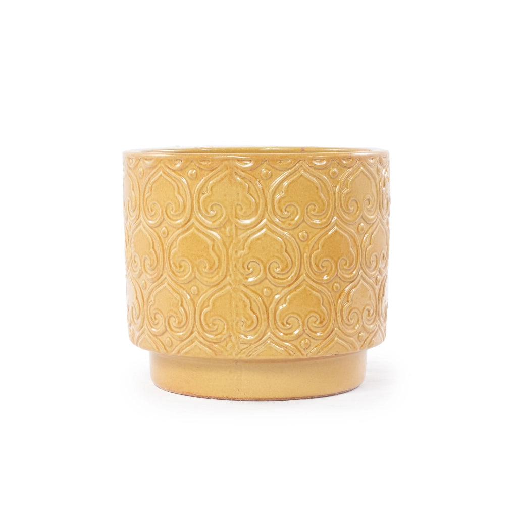 Vaso in ceramica artigianale Ø38 cm, giallo lucido, con base rialzata e foro di drenaggio