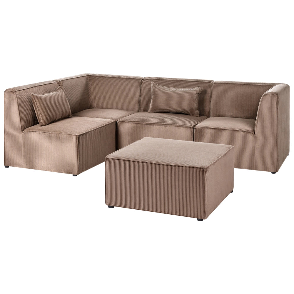 Divano modulare lato destro 4 posti con Ottomana in Velluto a coste sabbia design moderno soggiorno