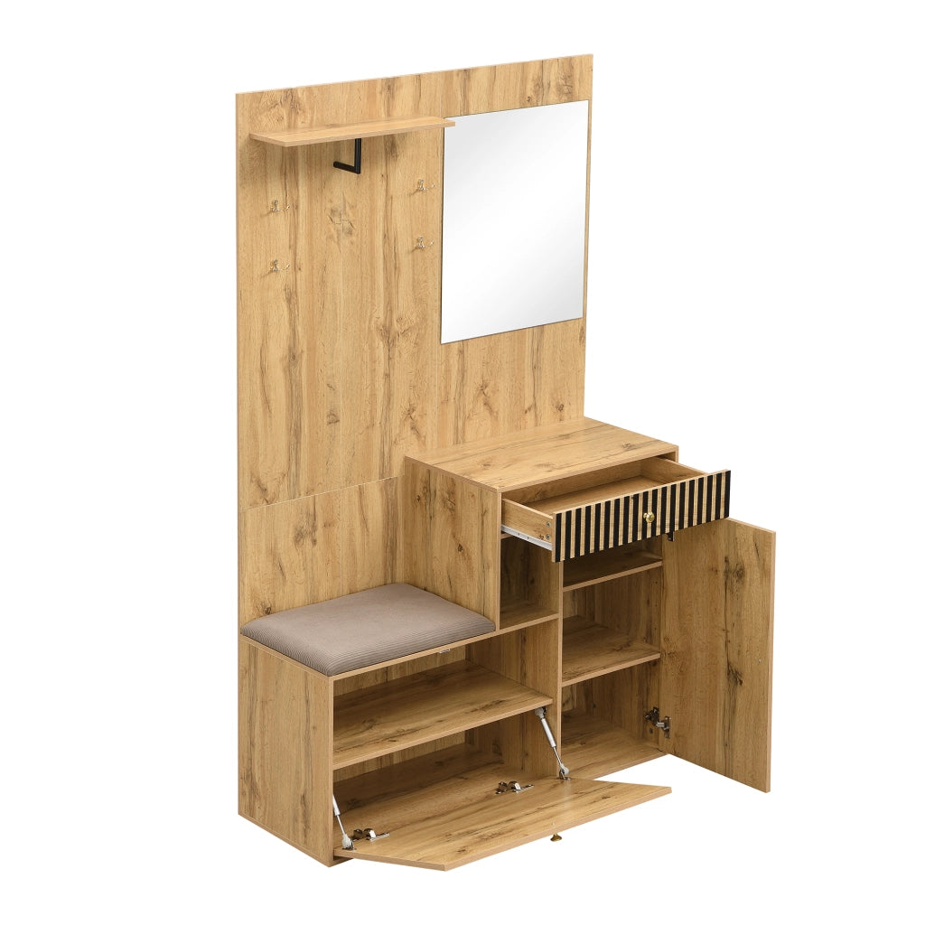 Set di Mobili da Ingresso con Scarpiera, Specchio, Panca Imbottita, Ripiani, MDF Nero Naturale