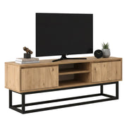 Mobile porta TV Kira, Credenza da soggiorno, Armadio basso per TV, Base parete attrezzata, 180x40h50 cm, Nero e Quercia