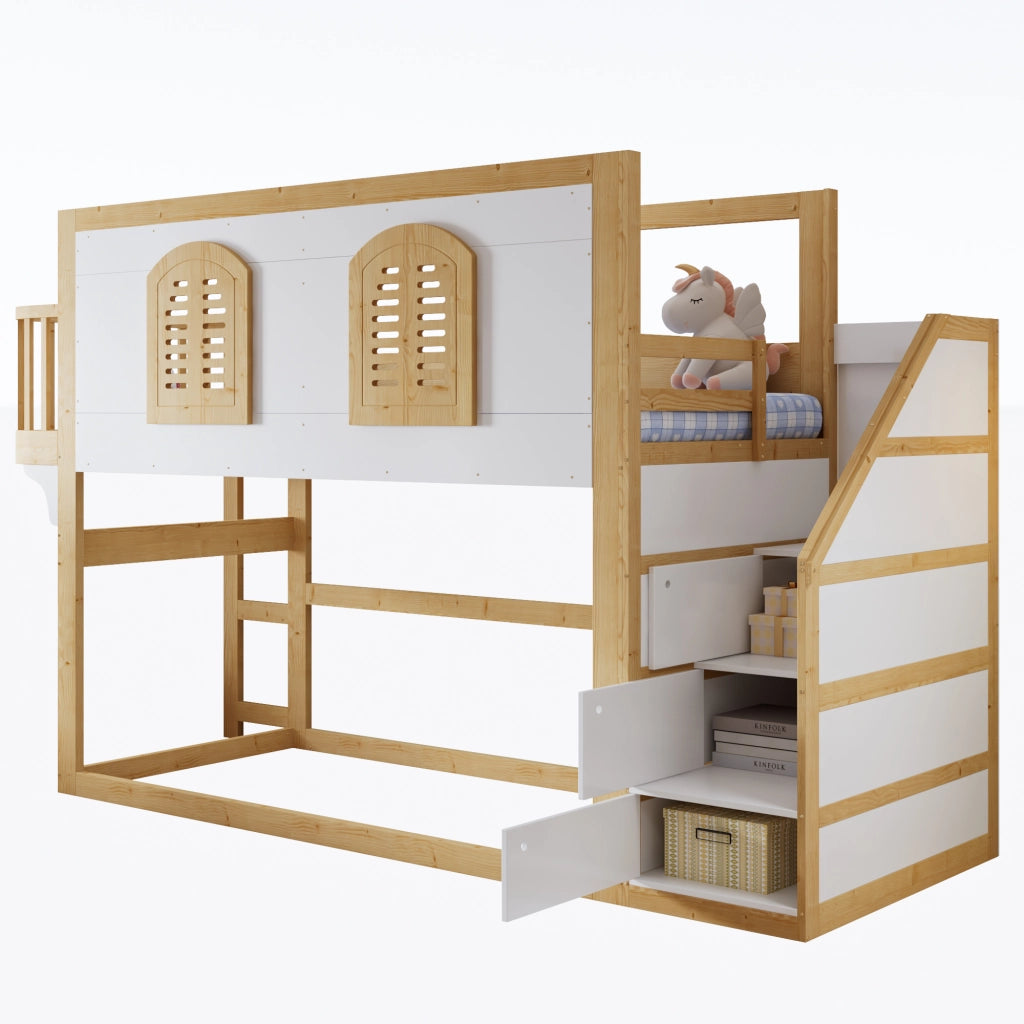 Letto a Soppalco 90 x 200 cm con Scala Contenitore; Area Gioco e Finestra in Legno