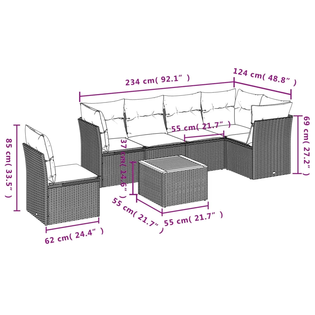 Set Divani da Giardino 7 pz con Cuscini Beige in Polyrattan