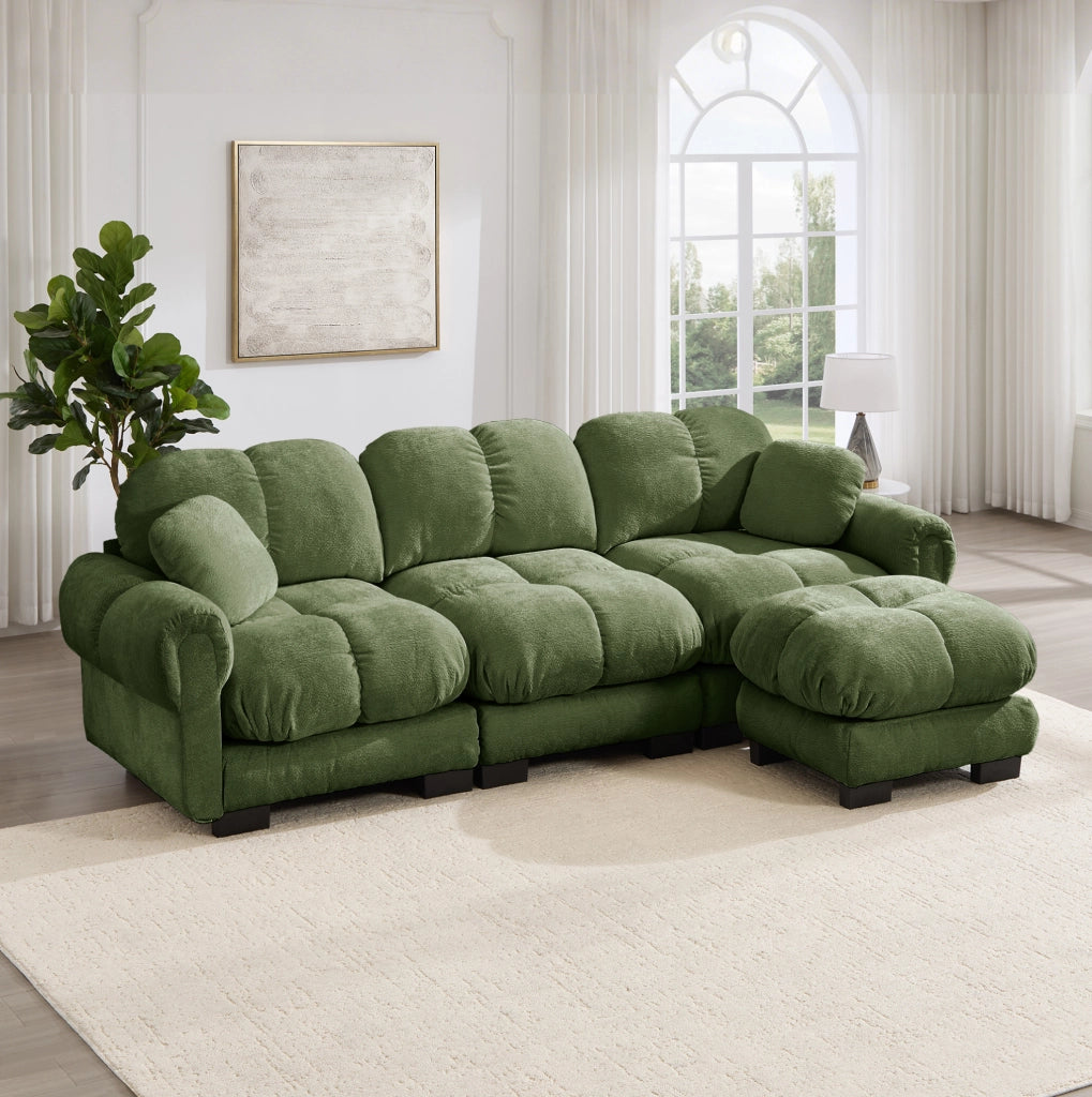 Divano angolare modulare a 3 posti in chenille verde; 260x149x90 cm; con pouf mobile