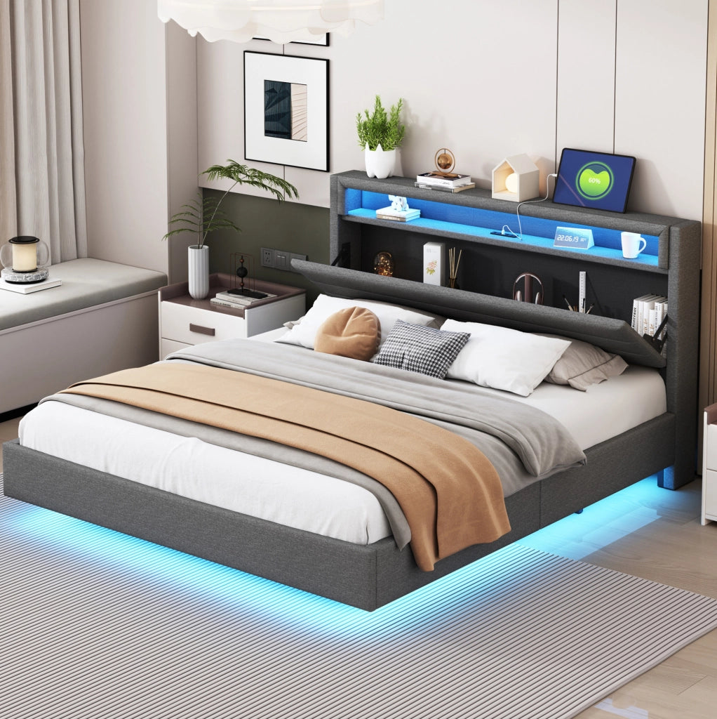Letto imbottito 160x200 cm con USB; LED e testiera reversibile grigio