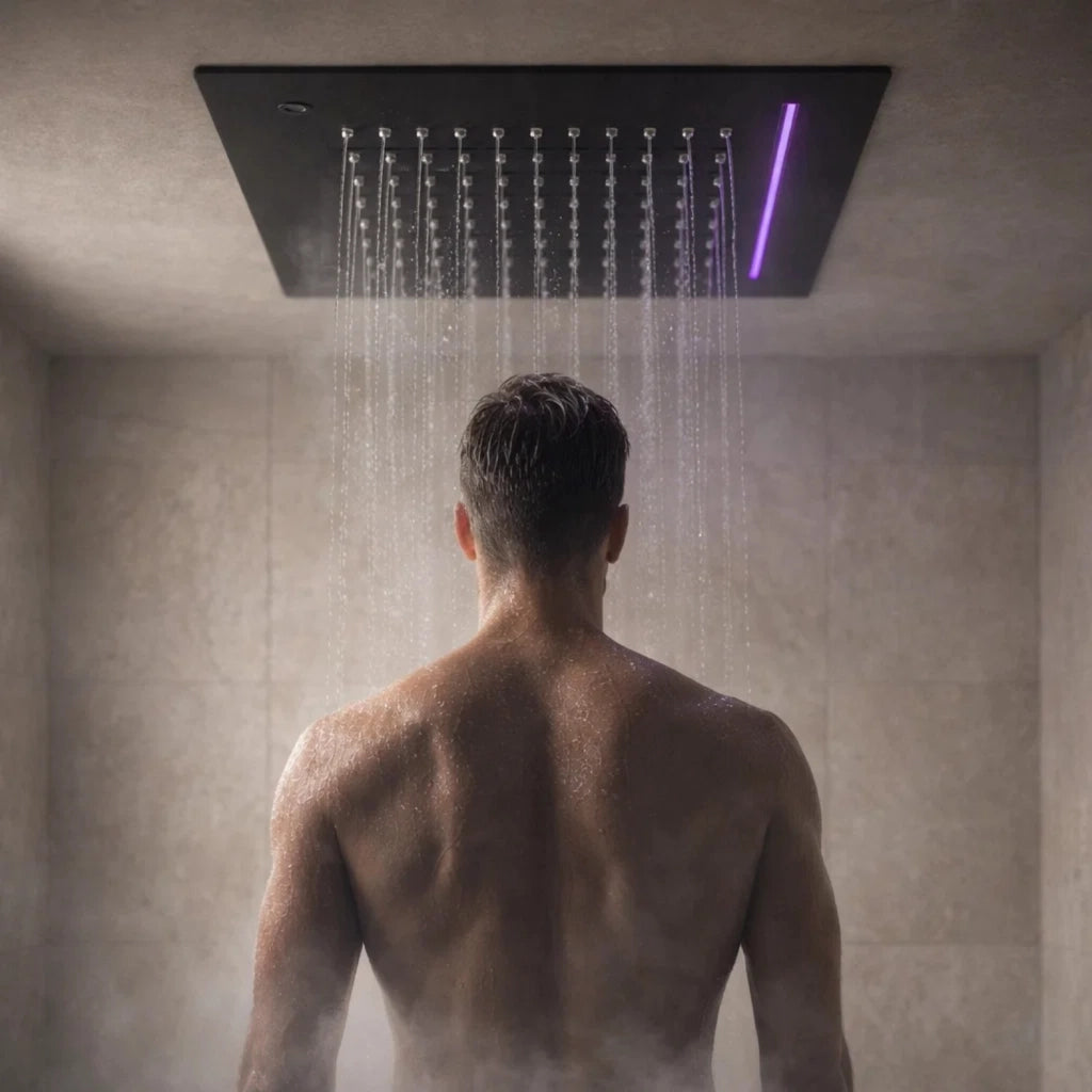 Soffione led a soffitto da incasso con cascata acciaio nero quadro ogomondo *** confezione 1
