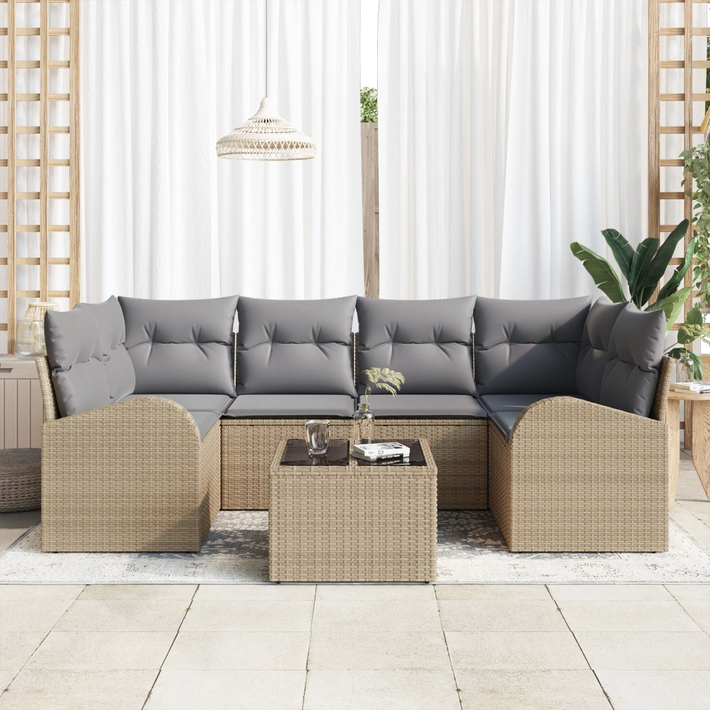 Set Divano da Giardino di 7 Pezzi con Cuscini Beige in Rattan Poliestere