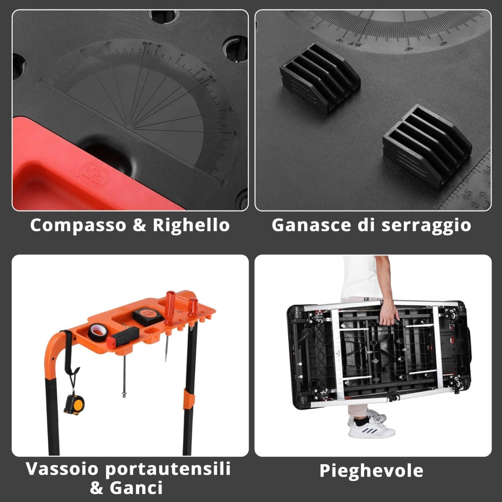 7 in 1 Banco da Lavoro Pieghevole,Tavolo da Lavoro Pieghevole Regolabile in Altezza con Spina Integrata,Carrello a Mano da Trasporto con 4 pcs Ruote,Piattaforma di Lavoro per Lavoro fai da te