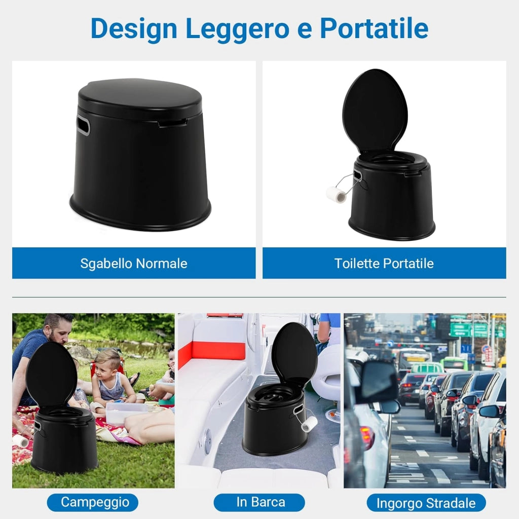 Toilette Portatile WC Chimico, WC da Viaggio Leggero con Secchio Interno Rimovibile,Water Portatile per Adulti e Anziani con Portarotolo, Supporto Carico 200 KG, 41 x 49 x 34 cm (Nero)