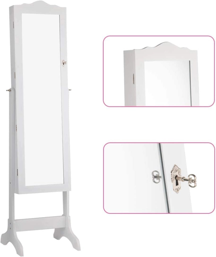 Armadietto per Gioie, Portagioie Verticale, Armadietto con 14 Luci a LED, Specchio Regolabile in Altezza, Armadietto con Specchio, Supporto Triangolare, Legno (bianco)