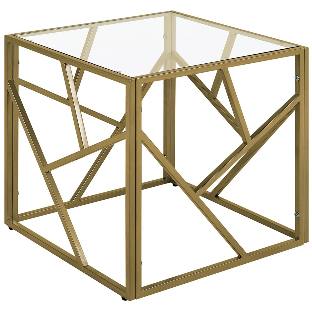 Tavolino Piano In Vetro Trasparente Struttura In Metallo Dorato Cubo 50 x 50 cm Glam Modern