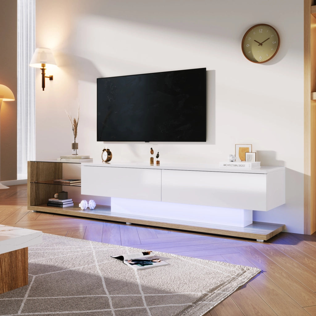 Mobile TV con 2 Cassetti e 2 Ripiani in Vetro con LED regolabile tramite app per Soggiorno in Truciolare Bianco 170 × 36 × 38 cm