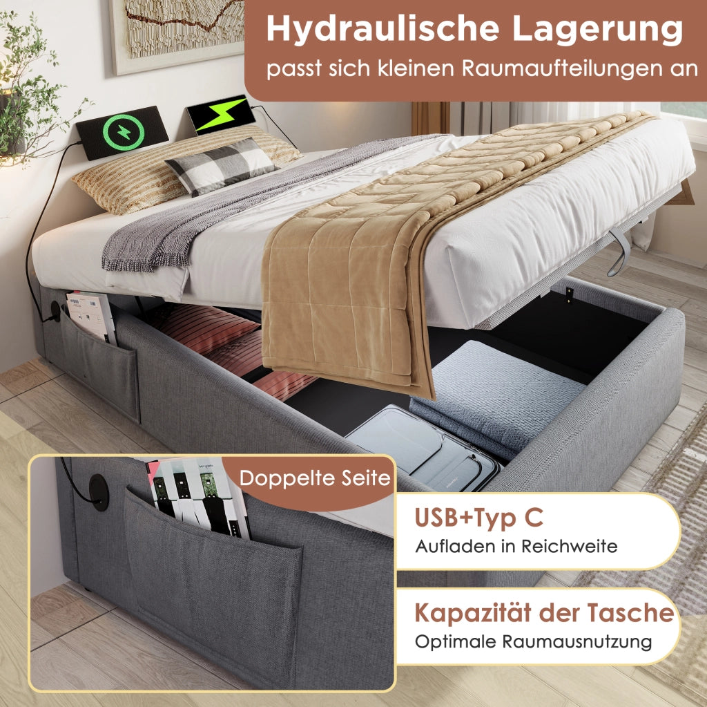 Letto contenitore singolo 90x200 cm in tessuto lino; USB e Type-C; grigio; senza testiera
