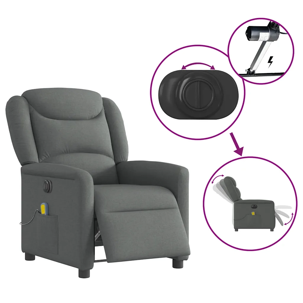 Divano Sedia-Poltrona Reclinabile Massaggio Elettrica Grigio Scuro Tessuto 779246