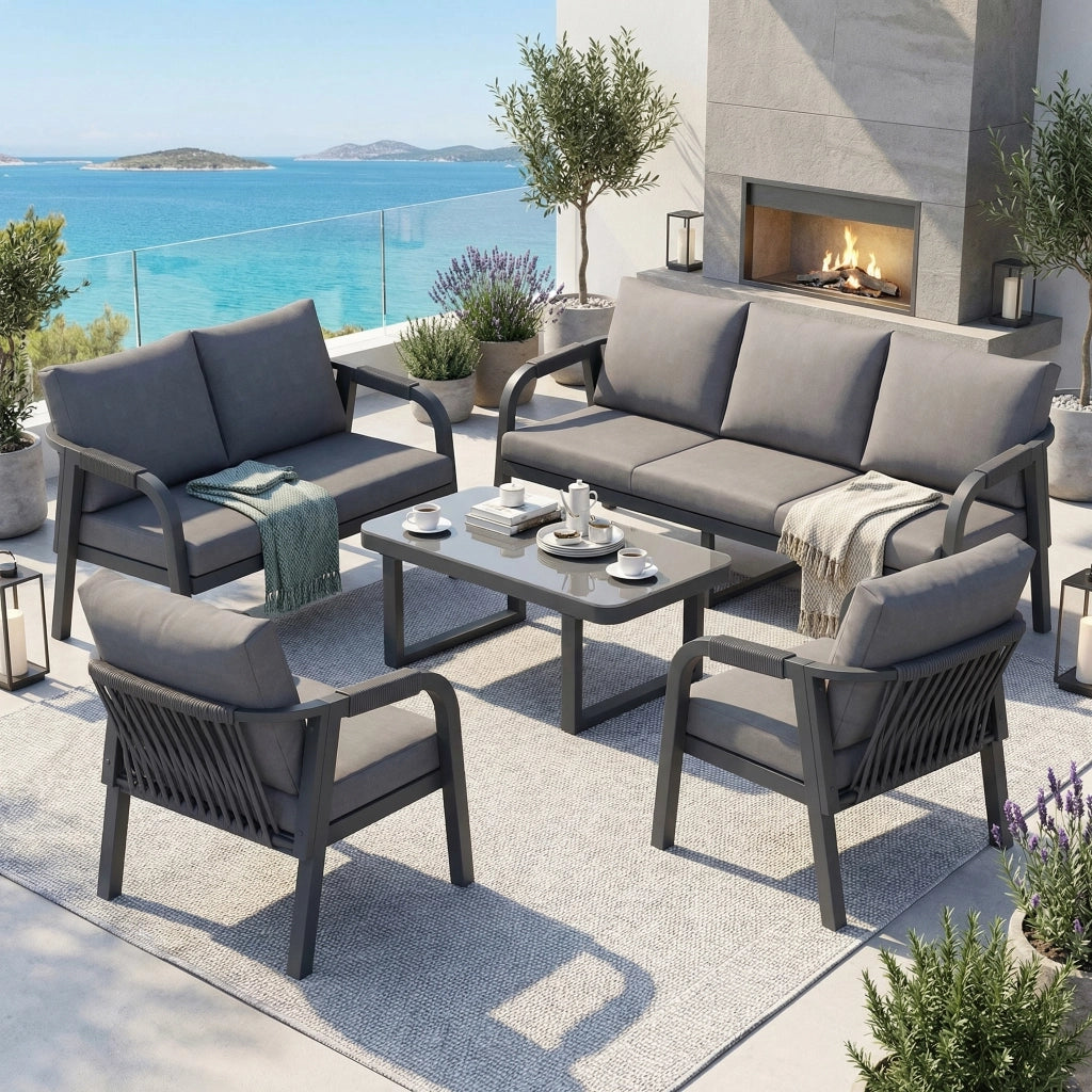 Set Divano da Giardino 7 Posti con Tavolino in Vetro e Corda ¨C Xylo ¨C Grigio