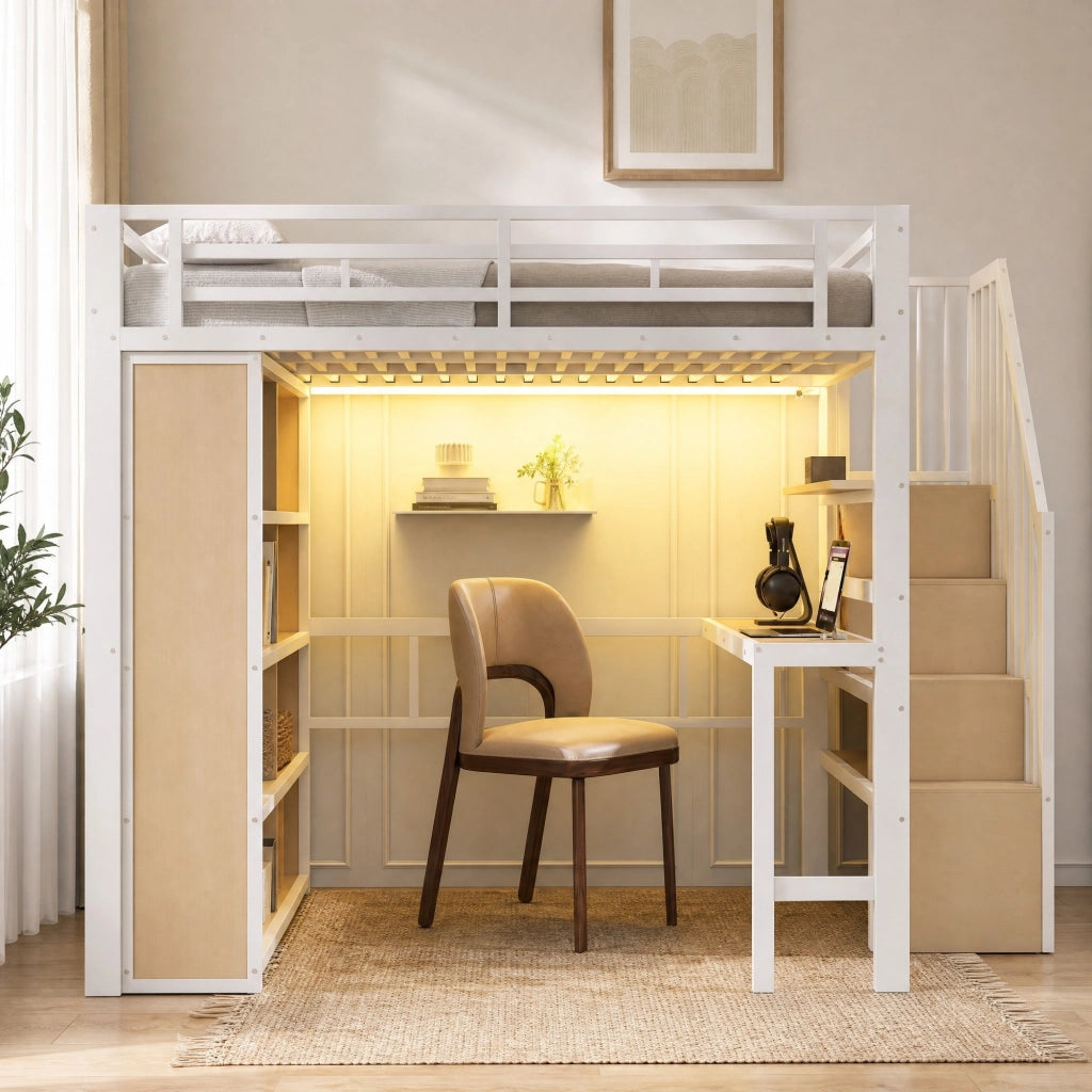 DESMIU Letto a Soppalco 2 Posti con Scrivania, Mensole, LED Regolabile e Scala Contenitore 140 × 200 cm senza Materasso