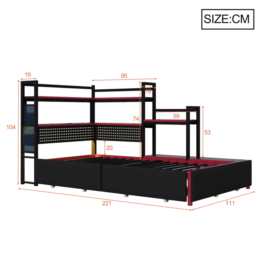 Letto con Cassetti e LED in Metallo ¨C MINIMAL ¨C Nero, con Rete, USB e Pannello Forato